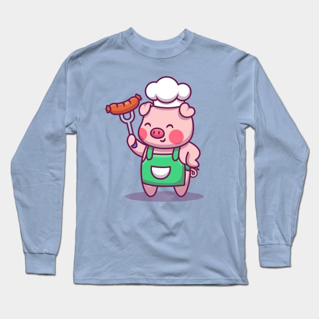 Cute Chef Pig Holding Sausage Long Sleeve T-Shirt by Catalyst Labs